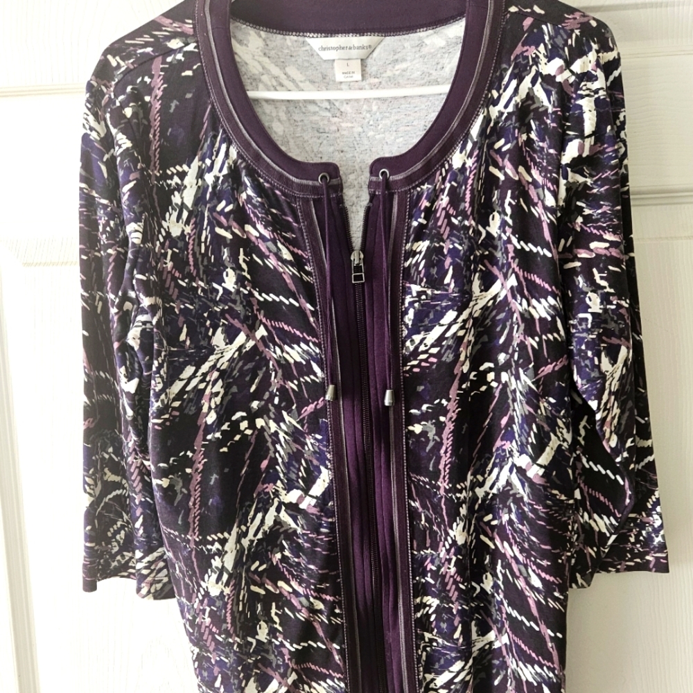Christopher & Banks stylish zip-up abstract purple and white colors